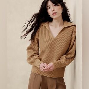 Banana Republic Ribbed Johnny Collar Sweater, Camel, Sz XL